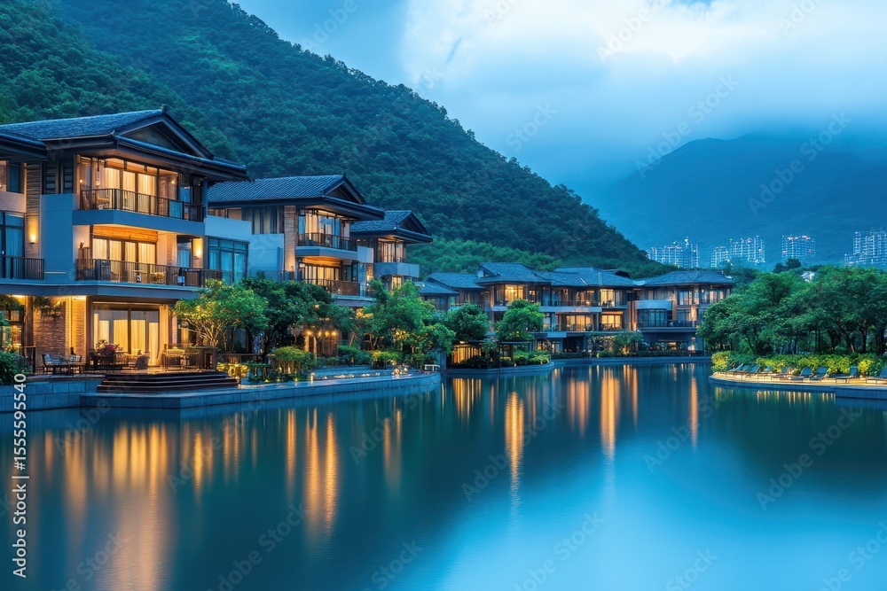 Obraz premium Stunning bay city resort at twilight with tranquil waters reflecting beautiful mountain backdrop and modern architecture