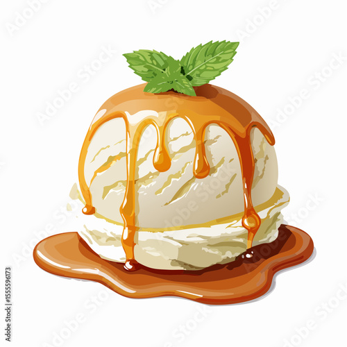 Delicious Vanilla Ice Cream with Caramel Sauce and Mint Garnish