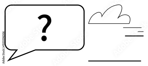 Question mark in chat bubble beside cloud and horizontal lines symbolizing inquiry, communication, clarity. Ideal for problem solving, customer support, minimal design, brainstorming, interaction