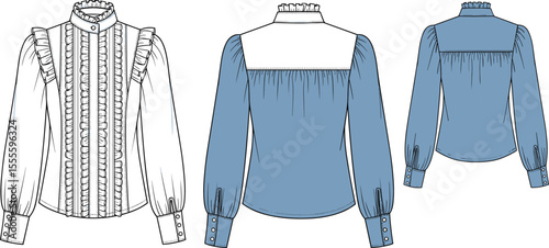  Ruffle blouse technical flat, high neck long sleeve top design, front back view fashion sketch, women’s Victorian style shirt

flat vector illustration