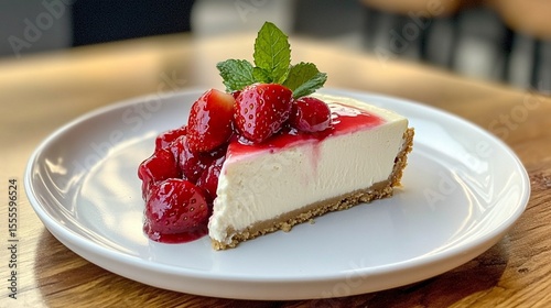 Creamy New York cheesecake slice with a graham cracker crust, topped with fresh strawberries and mint leaves, served on a white ceramic plate.