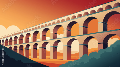 Aqueduct structure with arches against a sunset sky view landscape illustration