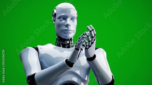 Futuristic humanoid robot with articulated hands, preparing for a task against a vibrant green backdrop