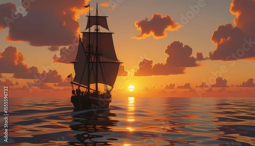 Sunset over calm ocean, sailboat drifting gently, golden light reflecting warm colors across peaceful horizon