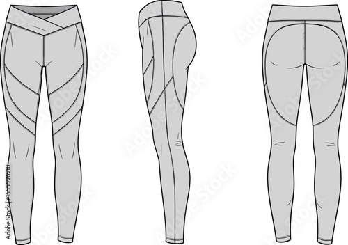  Women’s crossover waistband leggings, technical flat sketch, athletic leggings design, fitness wear, gym apparel, yoga pants, activewear fashion drawing

flat vector illustration