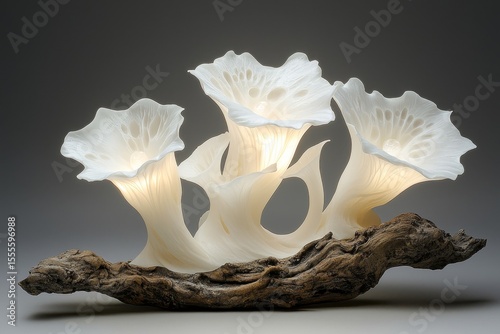 Intricate, luminous floral forms mounted on a driftwood base. photo