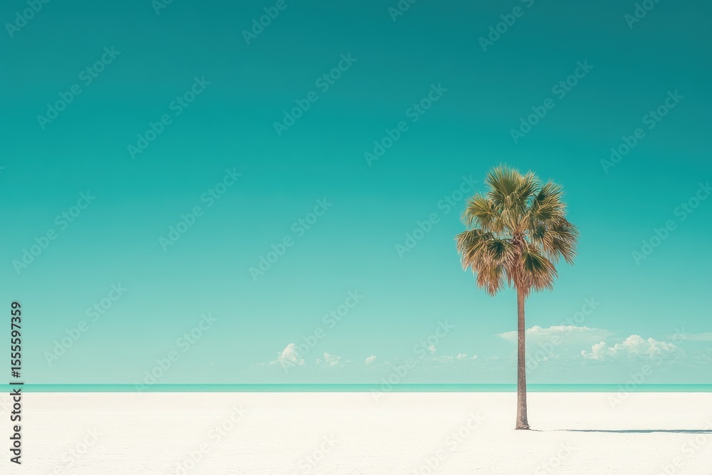 Obraz premium Solitary palm tree standing gracefully against the turquoise sky by the serene beach during midday