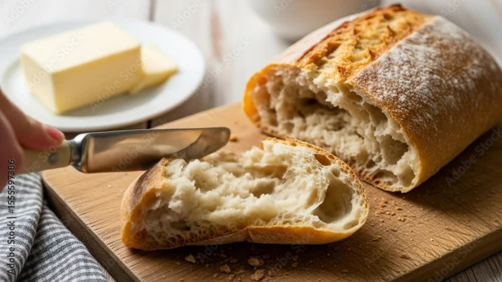 Step by step slicing rustic bread next to butter on wooden board in kitchen