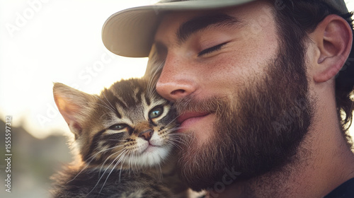 Bearded man wearing cap gently cuddles tabby kitten, showing tender and affectionate moment outdoors