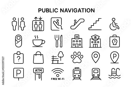 Public Navigation & Wayfinding Line Icons: Travel, Amenities & Accessibility Vector Set