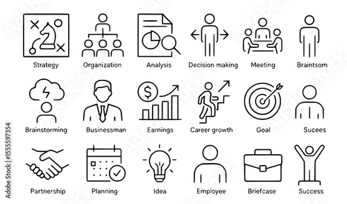 Business Management & Strategy Line Icons: Organization, Growth & Leadership Vector Set
