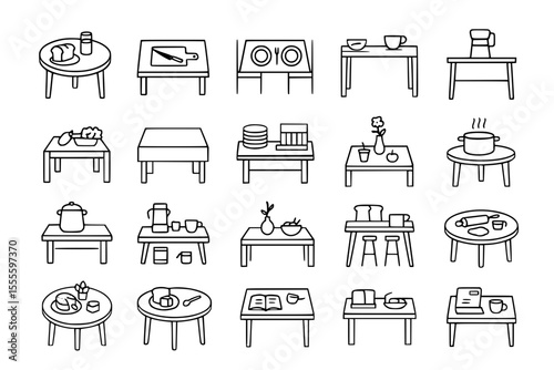 Kitchen Table & Dining Line Icons: Food, Cooking & Home Interior Vector Set