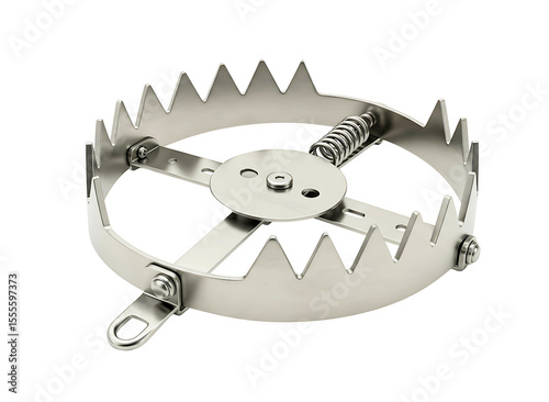 Metal animal trap with sharp teeth and chains isolated on transparent background