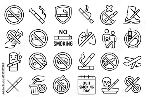  No Smoking & Anti-Tobacco Line Icons: Health, Warning & Restriction Vector Set