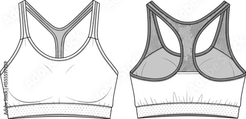 Sports bra technical drawing, front and back view, racerback design, breathable mesh, flat sketch, fitness apparel, activewear template

 flat vector illustration