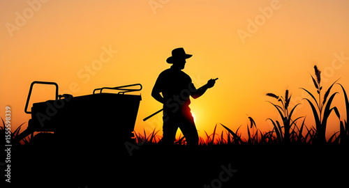 Farmer silhouette, Sunset farmer, Rural silhouette, Farm worker at dusk, Farmer at sunset, Agriculture scene, Evening farm silhouette, Silhouette with shovel, Silhouetted farmer, Farmer in field, Farm