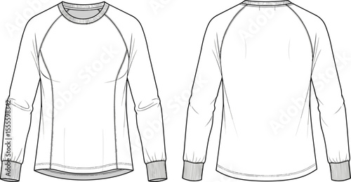Crew neck sweatshirt flat sketch, raglan sleeve, rib cuff, front and back view, vector template, casual wear design, fashion illustration

 flat vector illustration