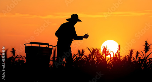 Farmer silhouette, Sunset farmer, Rural silhouette, Farm worker at dusk, Farmer at sunset, Agriculture scene, Evening farm silhouette, Silhouette with shovel, Silhouetted farmer, Farmer in field, Farm