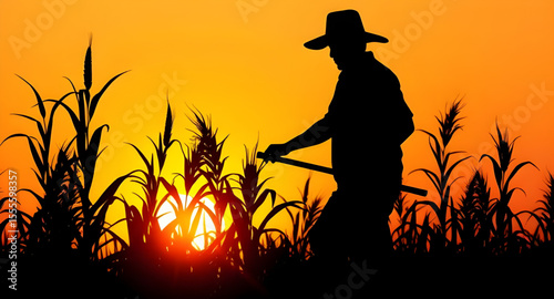 Farmer silhouette, Sunset farmer, Rural silhouette, Farm worker at dusk, Farmer at sunset, Agriculture scene, Evening farm silhouette, Silhouette with shovel, Silhouetted farmer, Farmer in field, Farm
