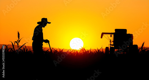 Farmer silhouette, Sunset farmer, Rural silhouette, Farm worker at dusk, Farmer at sunset, Agriculture scene, Evening farm silhouette, Silhouette with shovel, Silhouetted farmer, Farmer in field, Farm