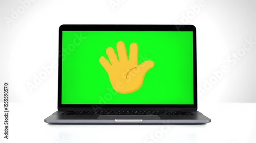A laptop displaying a vibrant green background with a cartoon hand symbol, illustrating digital interaction