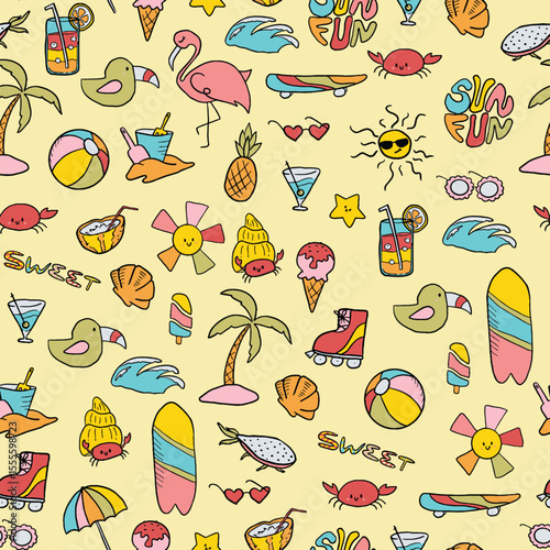 Fun bright modern summer pattern with associations on the beach 