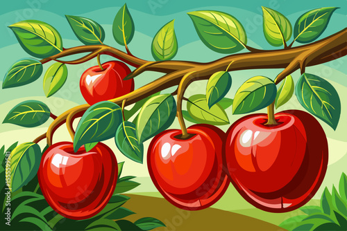 vector of Red apples hanging on the branch of the red apple tree. Close view...