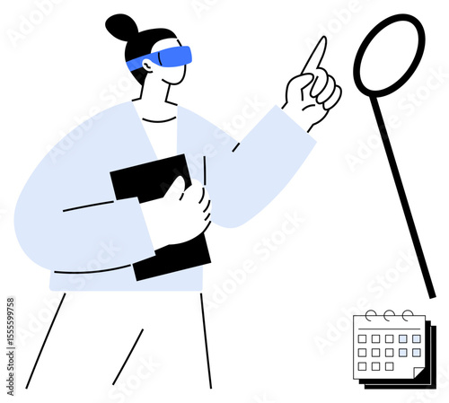 Individual wearing augmented reality glasses pointing at floating virtual elements, holding a notebook alongside a visible calendar. Ideal for technology, education, innovation, planning