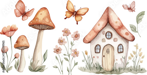 Watercolor Illustration of a Fairy House with Mushrooms and Butterflies