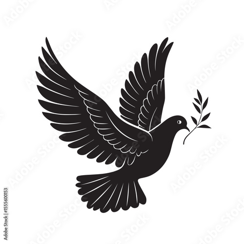 Flying dove silhouette vector, peaceful bird wings mid-flap, black outline graphic, minimalist pigeon icon, freedom animal symbol isolated on white background PNG format

