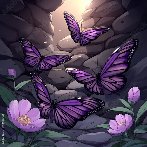 Purple butterflies in a cave