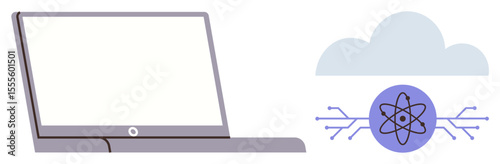 Laptop connected to cloud, stylized atom with circuit lines. Ideal for technology, innovation, connectivity, research, data science, cloud storage digital progress. Simple flat metaphor