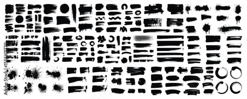 Big collection of black paint, ink brush strokes, brushes, lines, grungy. Dirty artistic design elements, boxes, frames. Vector illustration. Isolated on white background. Freehand drawing.