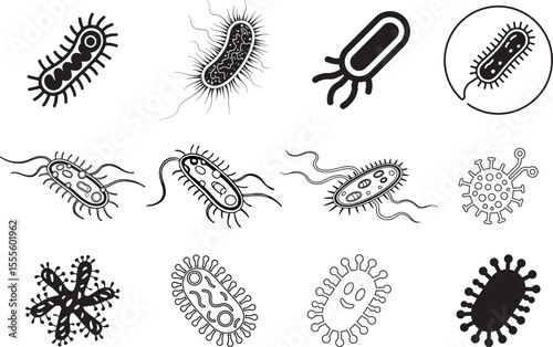 Bacteria Vector Icon | Black and White Microbe Illustration on Blank Background


