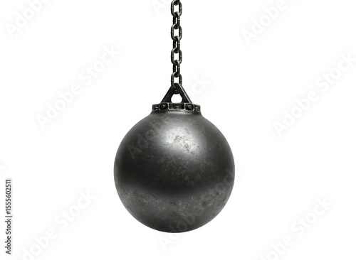 Heavy metal wrecking ball with thick chain isolated on transparent background