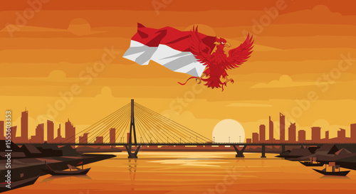 This image depicts the iconic Indonesian eagle soaring above the cityscape, holding the flag as it flies across the sunset.