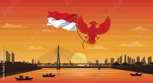 This image depicts the iconic Indonesian eagle soaring above the cityscape, holding the flag as it flies across the sunset.