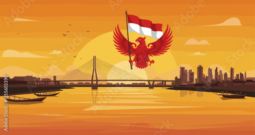 This image depicts the iconic Indonesian eagle soaring above the cityscape, holding the flag as it flies across the sunset.