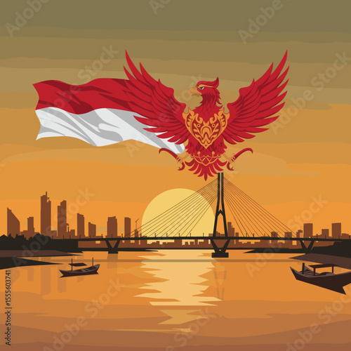 This image depicts the iconic Indonesian eagle soaring above the cityscape, holding the flag as it flies across the sunset.
