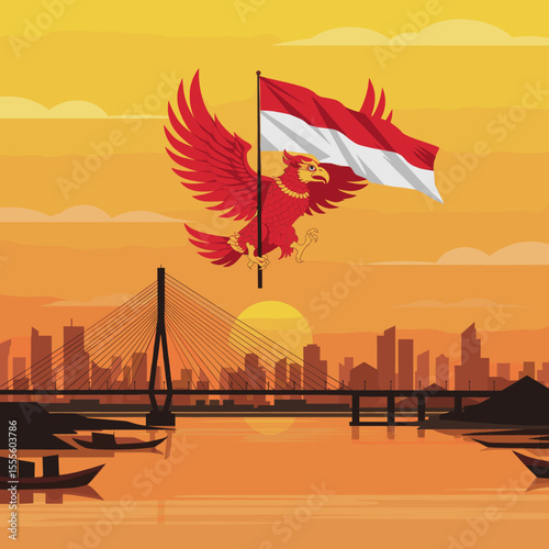This image depicts the iconic Indonesian eagle soaring above the cityscape, holding the flag as it flies across the sunset.