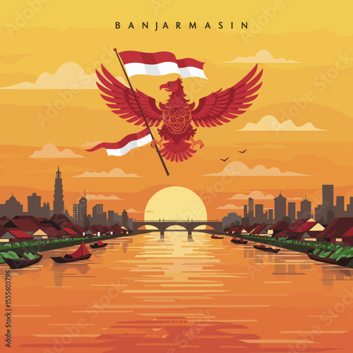 This image depicts the iconic Indonesian eagle soaring above the cityscape, holding the flag as it flies across the sunset.