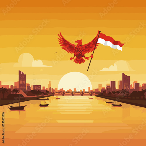 This image depicts the iconic Indonesian eagle soaring above the cityscape, holding the flag as it flies across the sunset.