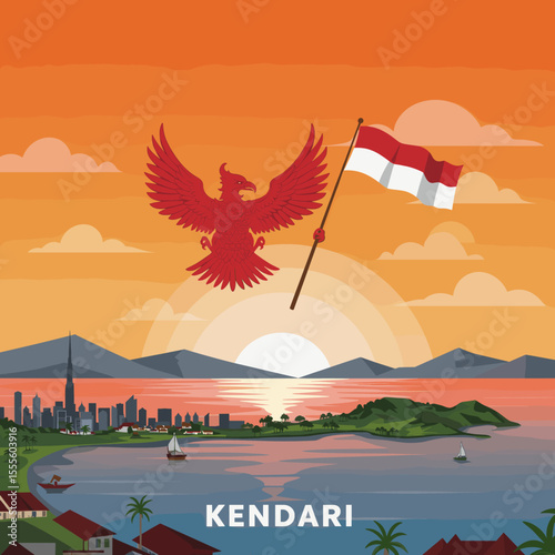 This illustration features the Indonesian eagle soaring proudly above a river, with the flag held high.