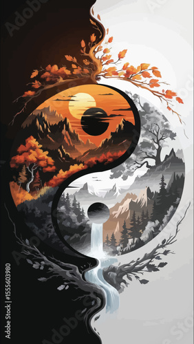 Balance of Seasons: Yin Yang Nature in Autumn and Moonlight Flow, T-shirt Vector Design on Yin Yang Landscape