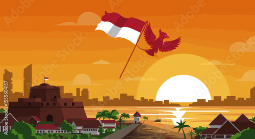 This illustration features the Indonesian eagle soaring proudly above a river, with the flag held high.
