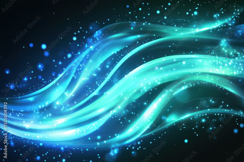 Obraz premium Flowing abstract light lines create a dynamic visual experience with wavy patterns and sparkling effects set against a dark background