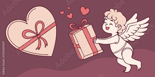 A happy cupid, gift, heart, and red ribbon in 3D, used for Valentine's Day , 14 February love messages and ads in dark purple  background vector illustration.