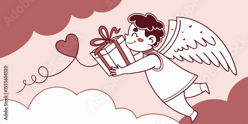 A happy cupid, gift, heart, and red ribbon in 3D, used for Valentine's Day , 14 February love messages and ads in  white pink  background vector illustration.
