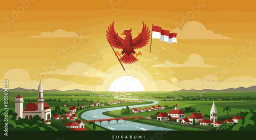 The sunset in the background enhances the feeling of peace and unity, while the Indonesian pride is clearly represented.
