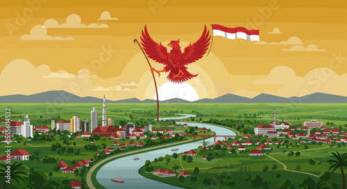 The sunset in the background enhances the feeling of peace and unity, while the Indonesian pride is clearly represented.